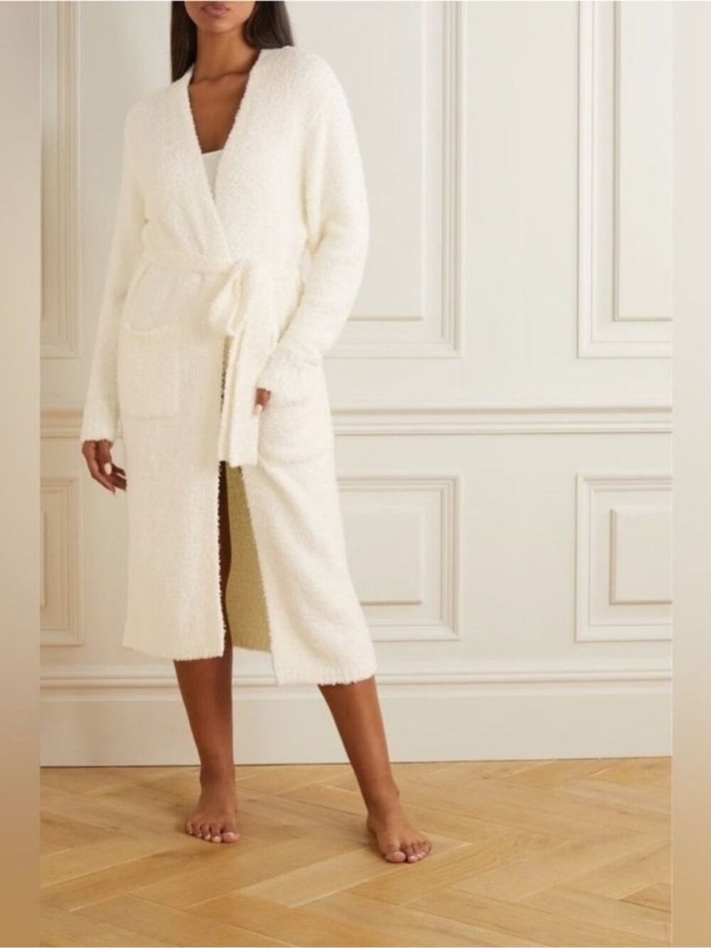 Skims Robe Cozy Knit Boucle Long Ivory Belted Pockets Size S/M Full Length - Picture 2 of 4